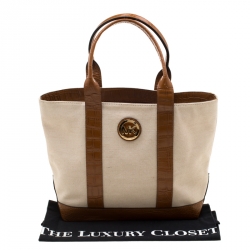 Pre Owned Michael Kors Beige/Brown Canvas and Croc Embossed Leather Fulton Tote