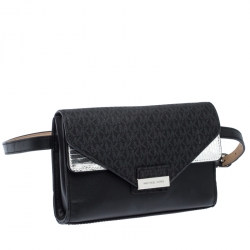 Michael Kors Black/Silver Signature Canvas and Python Embossed Leather Fanny Pack Belt Bag