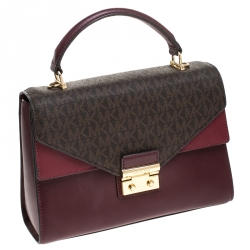 Pre Owned Michael Kors Burgunady/Brown Leather and Coated Canvas Sloan Top Handle Bag