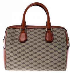  Michael Kors Beige/Orange Signature Coated Canvas and Leather Medium Mercer Duffel Bag