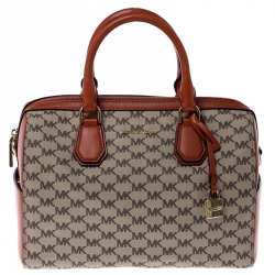  Michael Kors Beige/Orange Signature Coated Canvas and Leather Medium Mercer Duffel Bag