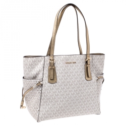 Pre Owned Michael Kors White Signature Voyager Tote