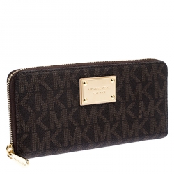 Pre Owned Michael Kors Brown Signature Coated Canvas Zip Around Wallet