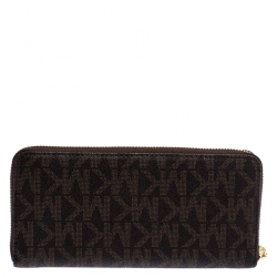 Pre Owned Michael Kors Brown Signature Coated Canvas Zip Around Wallet