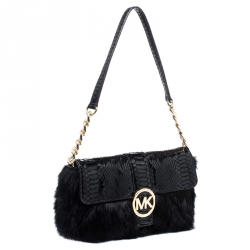 مملوكة مسبقًا Michael Kors Black Python Embossed Leather and Faux Fur Fulton Shoulder Bag