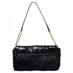 مملوكة مسبقًا Michael Kors Black Python Embossed Leather and Faux Fur Fulton Shoulder Bag