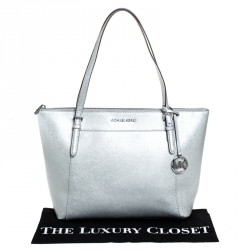 Pre Owned Michael Kors Metallic Silver Leather Ciara Tote
