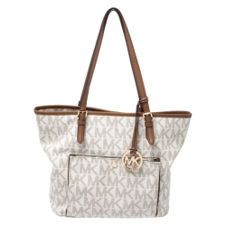 Michael Kors White/Blue Signature Coated Canvas Jet Set Tote