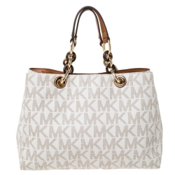 Pre Owned MICHAEL Michael Kors Off White Coated Canvas Small Cynthia Tote