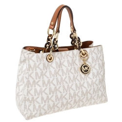 Pre Owned MICHAEL Michael Kors Off White Coated Canvas Small Cynthia Tote