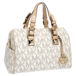 MICHAEL Michael Kors Ivory/Beige Signature Coated Canvas and Leather Grayson Boston Bag