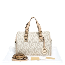 MICHAEL Michael Kors Ivory/Beige Signature Coated Canvas and Leather Grayson Boston Bag
