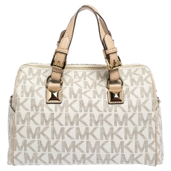 MICHAEL Michael Kors Ivory/Beige Signature Coated Canvas and Leather Grayson Boston Bag
