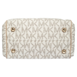 MICHAEL Michael Kors Ivory/Beige Signature Coated Canvas and Leather Grayson Boston Bag