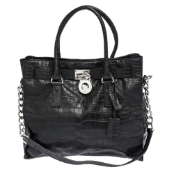 Pre Owned MICHAEL Michael Kors Black Croc Embossed Leather Hamilton Tote