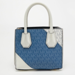 Pre Owned Michael Kors White/Blue Monogram Coated Canvas and Leather Mercer Tote