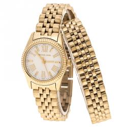 Pre Owned Michael Kors White Dial Yellow Gold Plated Steel Lexington MK3269 Women's Wristwatch 26 mm