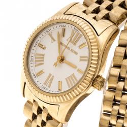 Pre Owned Michael Kors White Dial Yellow Gold Plated Steel Lexington MK3269 Women's Wristwatch 26 mm