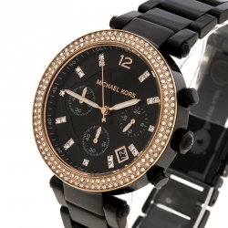 Pre Owned Michael Kors Black Stainless Steel and Rose Gold Plated Steel Parker MK5885 Women's Wristwatch 39 mm