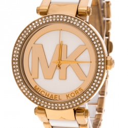 Pre Owned Michael Kors White Dial Yellow Gold Plated Acetate Parker MK6313 Women's Wristwatch 39 mm