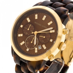 Pre Owned Michael Kors Brown Acrylic Gold Plated Stainless Steel MK5216 Women's Wristwatch 43 mm