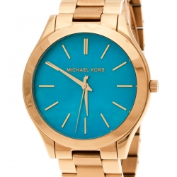 Pre Owned Michael Kors Blue Mother of Pearl Gold Plated Stainless Steel Slim Runway MK3492 Women's Wristwatch 41 mm