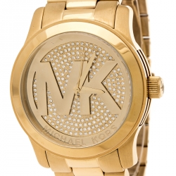 Pre Owned Michael Kors Pave Crystal Gold Tone Stainless Steel Runway MK5706 Women's Wristwatch 45 mm