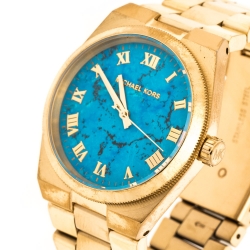 Pre Owned Michael Kors Turquoise Yellow Gold Plated Stainless Steel Channing MK5894 Women's Wristwatch 38 mm