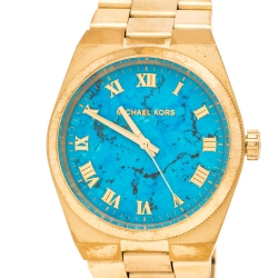 Pre Owned Michael Kors Turquoise Yellow Gold Plated Stainless Steel Channing MK5894 Women's Wristwatch 38 mm