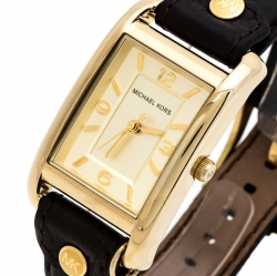 Pre Owned Michael Kors Yellow Gold Plated Stainless Steel Leather Jet Set MK2166 Women's Wristwatch 26 mm