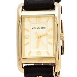 Pre Owned Michael Kors Yellow Gold Plated Stainless Steel Leather Jet Set MK2166 Women's Wristwatch 26 mm