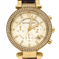 Pre Owned Michael Kors Yellow Gold Plated Stainless Steel Tortoise Parker MK5688 Women's Wristwatch 39 mm