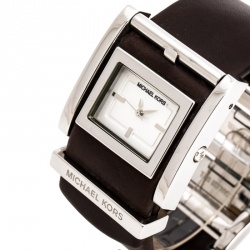 مملوكة مسبقًا Michael Kors Silver White Stainless Steel Leather MK2121 Women's Wristwatch 37 mm