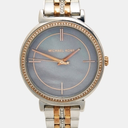 Pre Owned Michael Kors Grey Mother of Pearl Two Tone Stainless Steel Cinthia MK3642 Women's Wristwatch 33 mm