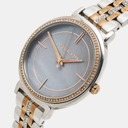 Pre Owned Michael Kors Grey Mother of Pearl Two Tone Stainless Steel Cinthia MK3642 Women's Wristwatch 33 mm