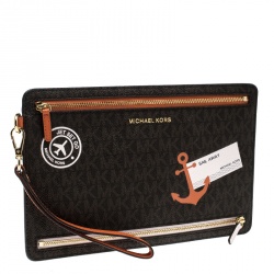 Pre Owned MICHAEL Michael Kors Brown Signature Coated Canvas Large Sail Away Travel Wristlet 