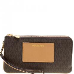 Michael Michael Kors Brown/Beige Signature Coated Canvas and Leather Large Bedford Double Zip Wristlet