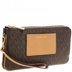 Michael Michael Kors Brown/Beige Signature Coated Canvas and Leather Large Bedford Double Zip Wristlet