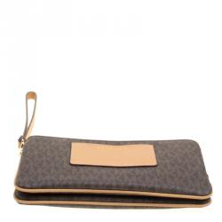 Michael Michael Kors Brown/Beige Signature Coated Canvas and Leather Large Bedford Double Zip Wristlet
