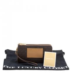 Michael Michael Kors Brown/Beige Signature Coated Canvas and Leather Large Bedford Double Zip Wristlet