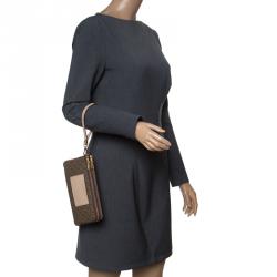 Pre Owned Michael Michael Kors Khaki/ Light Beige Signature Coated Canvas and Leather Large Bedford Double Zip Wristlet
