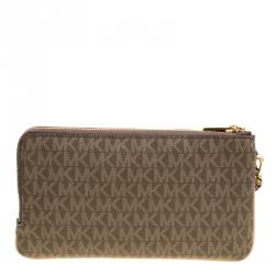 Pre Owned Michael Michael Kors Khaki/ Light Beige Signature Coated Canvas and Leather Large Bedford Double Zip Wristlet
