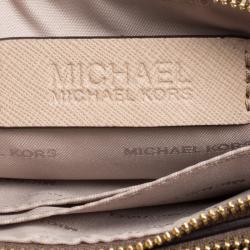 Pre Owned Michael Michael Kors Khaki/ Light Beige Signature Coated Canvas and Leather Large Bedford Double Zip Wristlet
