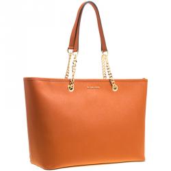 Pre Owned Michael Michael Kors Orange Leather Medium Jet Set Travel Chain Tote
