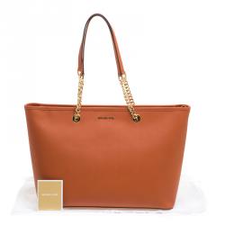 Pre Owned Michael Michael Kors Orange Leather Medium Jet Set Travel Chain Tote