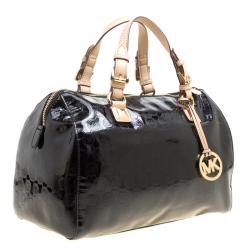 Pre Owned Michael Michael Kors Metallic Black Mirror Signature Leather Large Grayson Satchel 