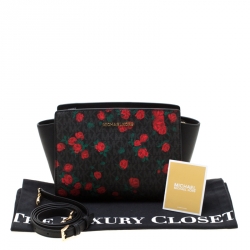 Pre Owned MICHAEL Michael Kors Black/Red MK Rose Leather Medium Selma Tote