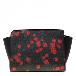 Pre Owned MICHAEL Michael Kors Black/Red MK Rose Leather Medium Selma Tote