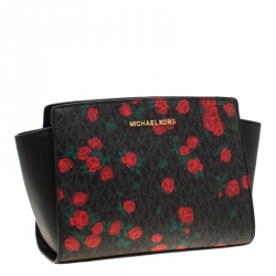 Pre Owned MICHAEL Michael Kors Black/Red MK Rose Leather Medium Selma Tote