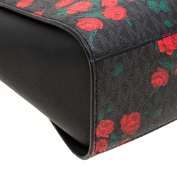 Pre Owned MICHAEL Michael Kors Black/Red MK Rose Leather Medium Selma Tote